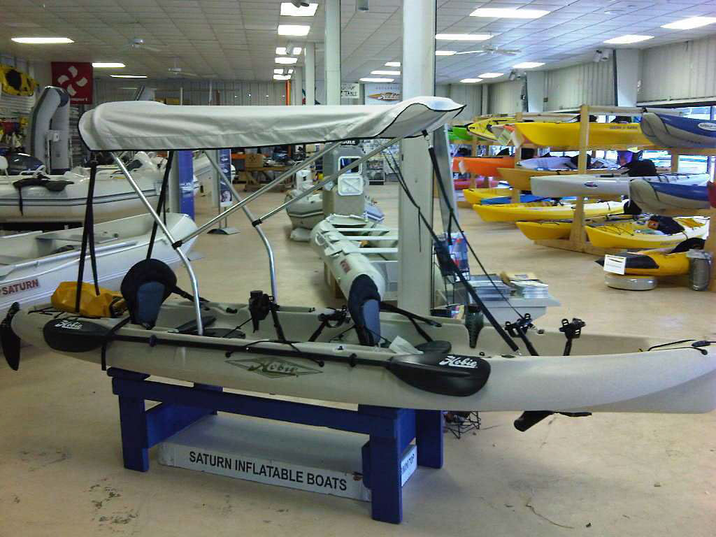 Bimini top installed on Hobie Kayaks in our dealer showroom in Ft 