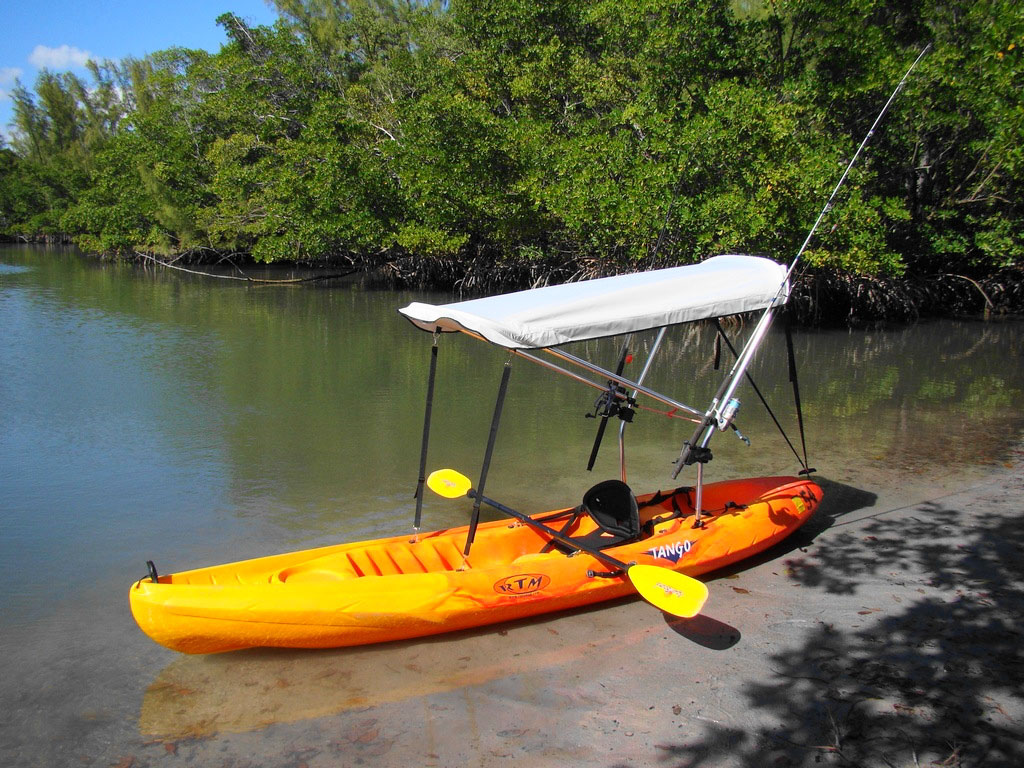 for sit on top kayak with fishing rod holders attached to sun shade 