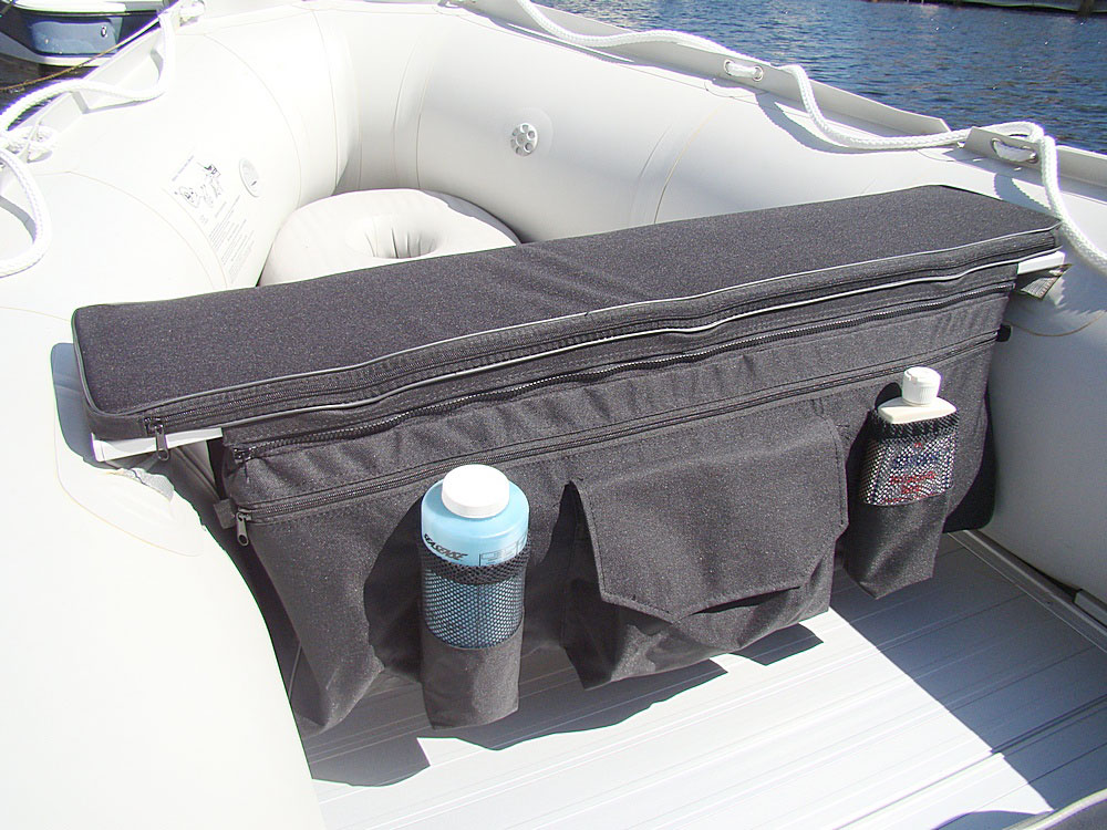 Under seat storage bags and seat cushions for inflatable boats benches