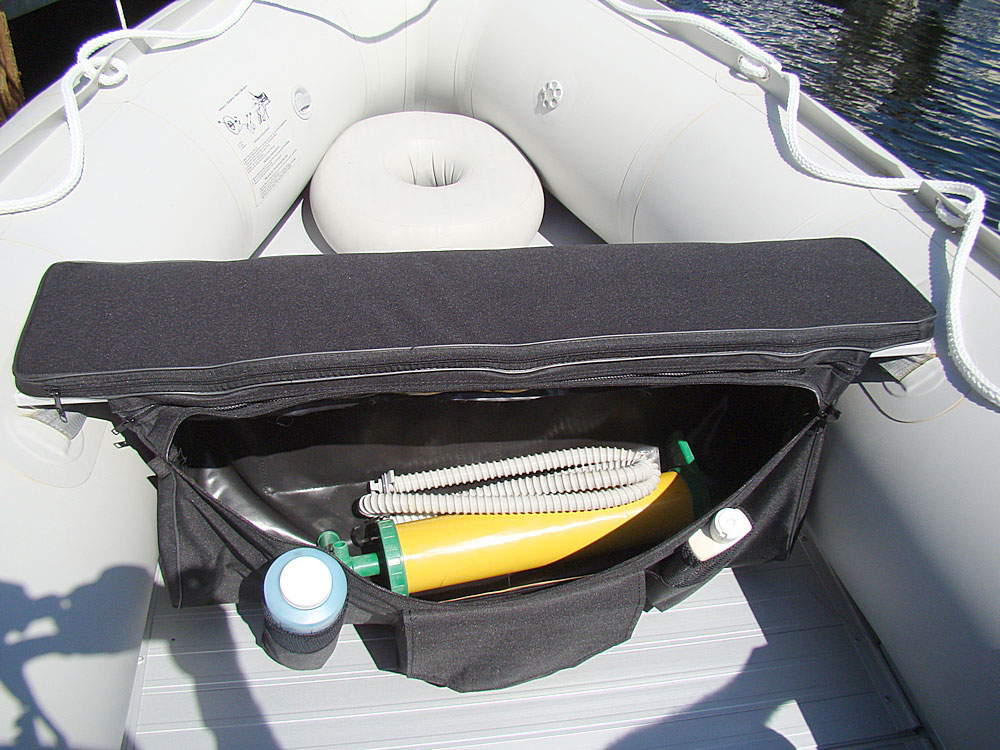 Under seat storage bags and seat cushions for inflatable boats benches