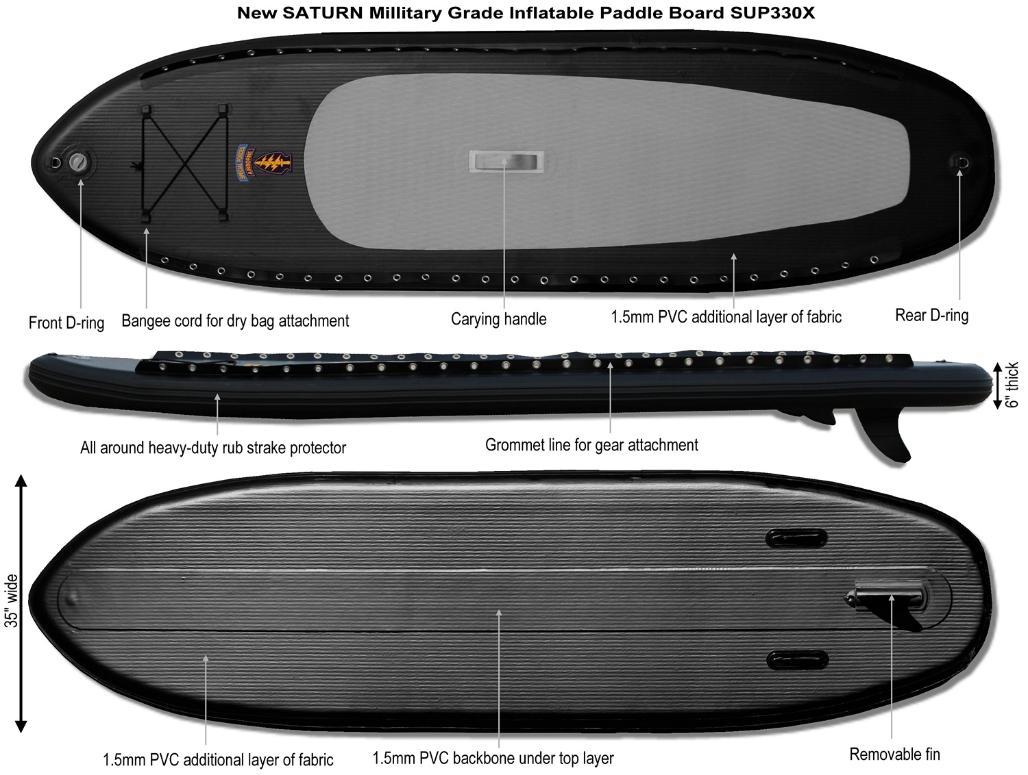11' X 35" WIDE MILITARY GRADE SPECIAL FORCES BLACK INFLATABLE SUP