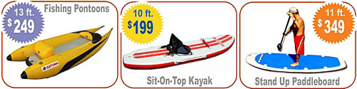 Saturn sit-on-top inflatble kayaks for surfing, stand up paddle boards, SUP, fishing pontoon boats.