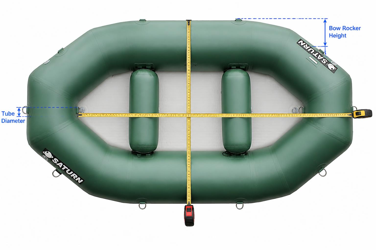 A close-up overhead diagram-style scene showing a tape measure stretched across an inflated raft's beam and length, with
