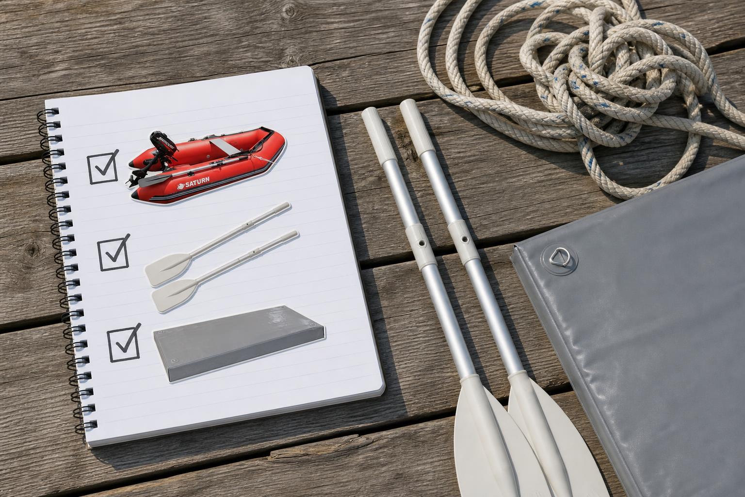 A flat-lay style illustration showing a checklist theme: a small inflatable boat icon, oars icon, and a floating dock ic