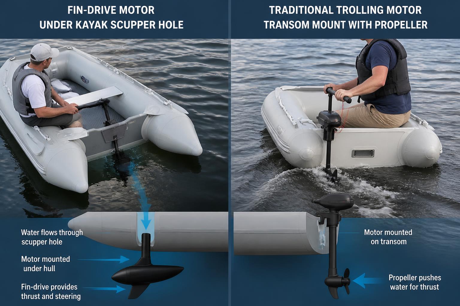A split-scene technical illustration comparing a fin-drive motor mounted under a kayak scupper hole versus a traditional