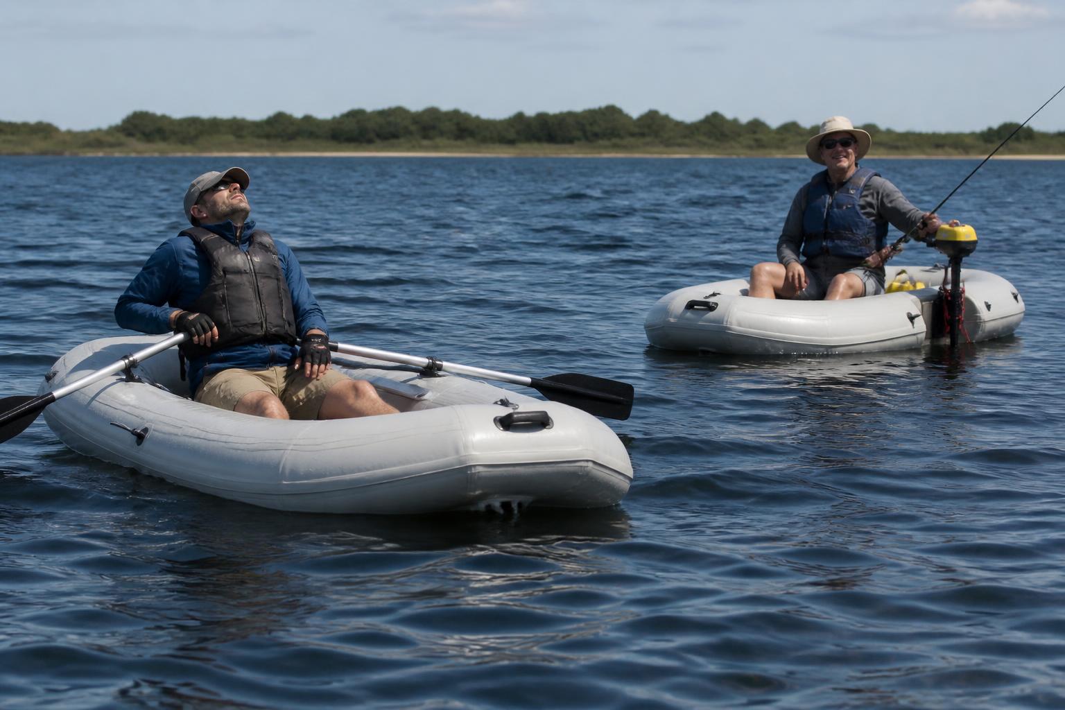 A tired paddler resting oars across their lap in an inflatable boat on choppy water, contrasted in the same frame with a