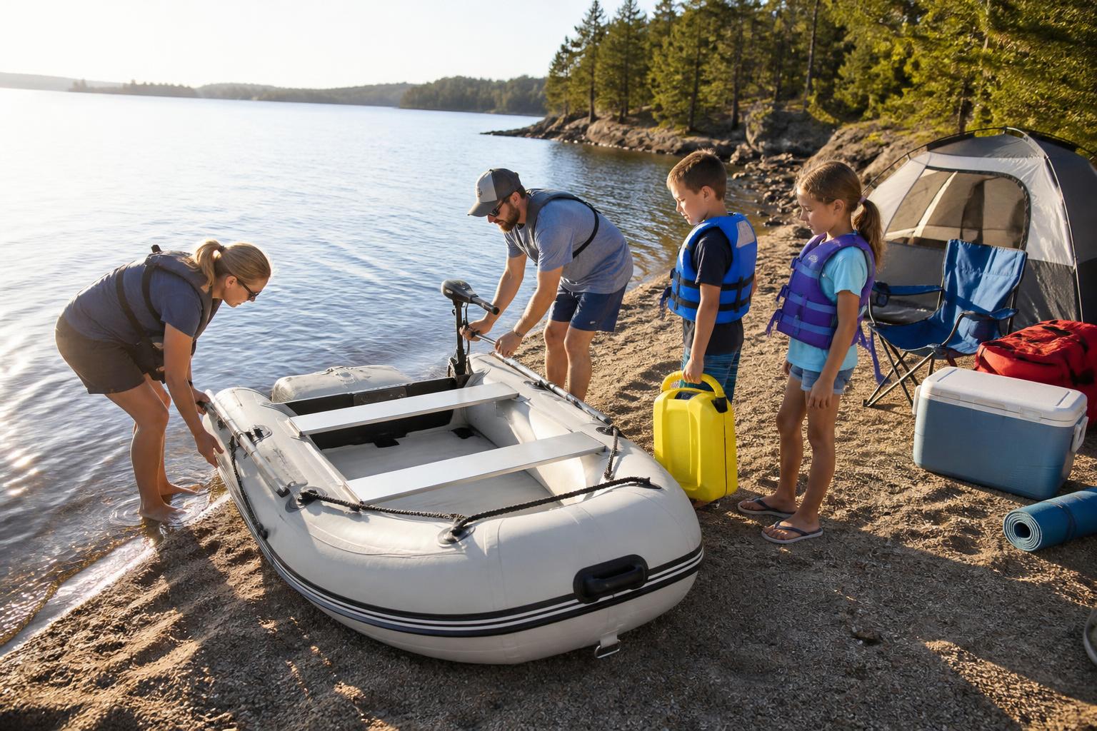 A wide scenic illustration of a family loading and launching an inflatable boat from a sandy shoreline at golden hour, w