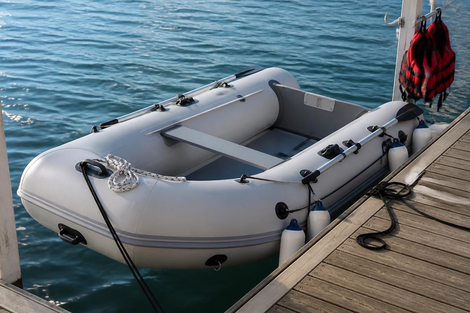 An illustration of an inflatable boat safely tied to a dock with fenders deployed, a throw rope coiled on the deck, and 