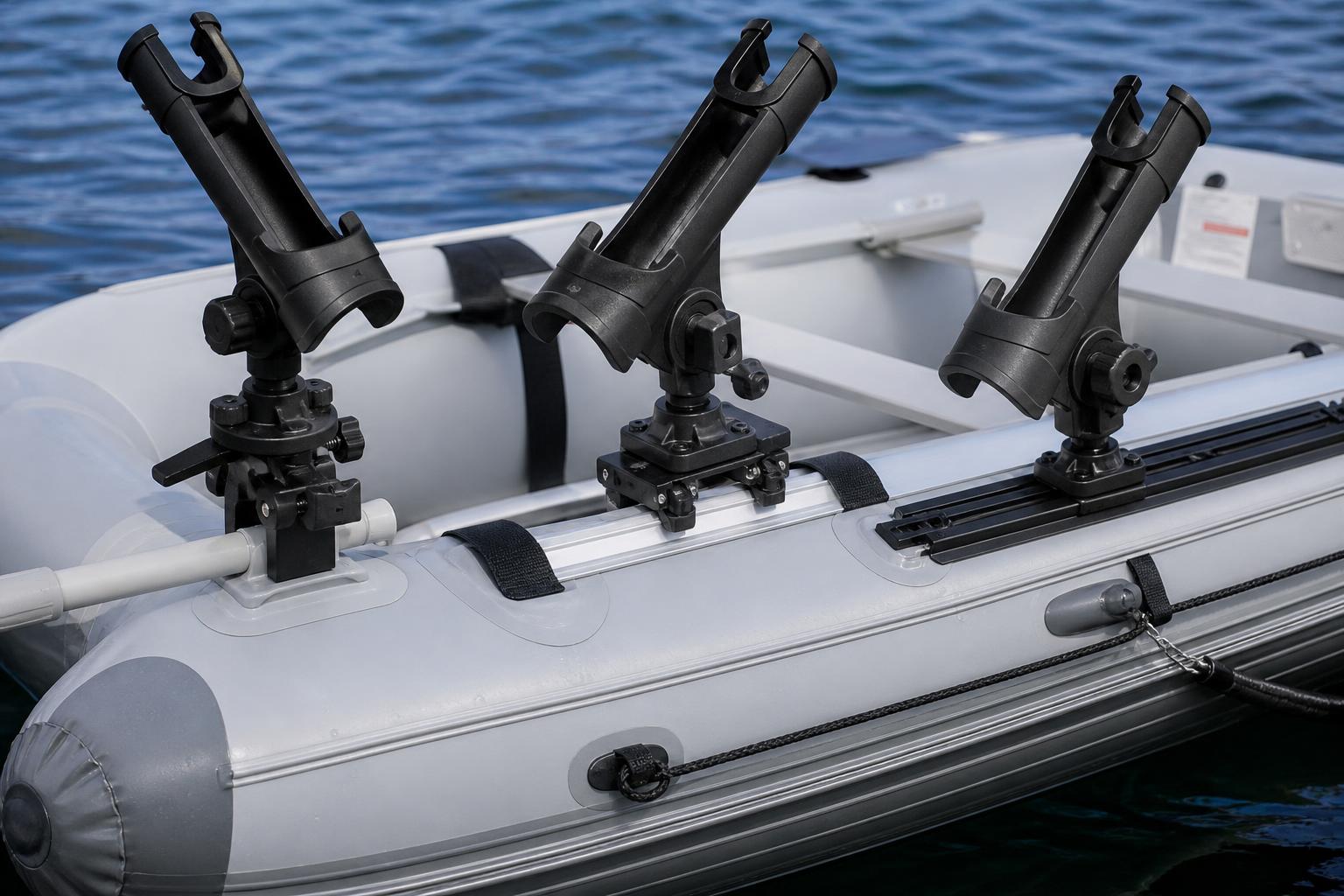 Close-up illustration showing different rod holder mounting styles on an inflatable boat tube — a clamp-on holder grippi