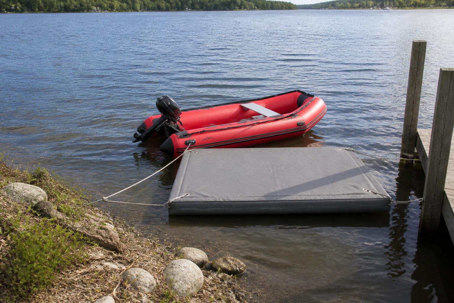 Illustration of a calm lake shoreline with a small floating platform anchored near a dock, showing the concept of a soft