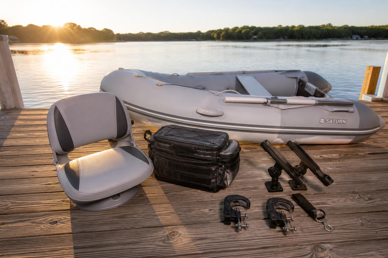 Illustration of a cozy dockside fishing scene at golden hour, a folded inflatable boat accessory kit laid out on a woode