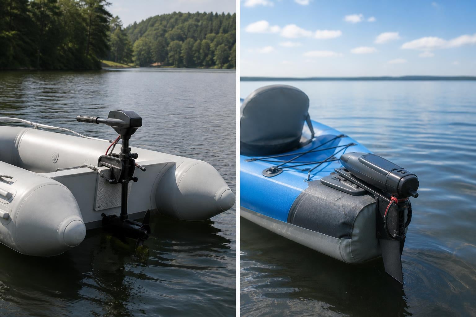 Split-scene illustration showing on the left an inflatable dinghy boat with a transom-mount trolling motor clamped to it