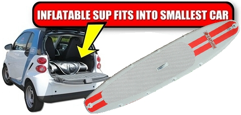 Inflatable paddle board deflated and stored inside Smart Mini Car