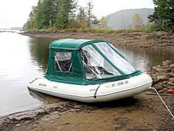Saturn 15' SD470 inflatable boat with custom made bimini top. Click to zoom in.
