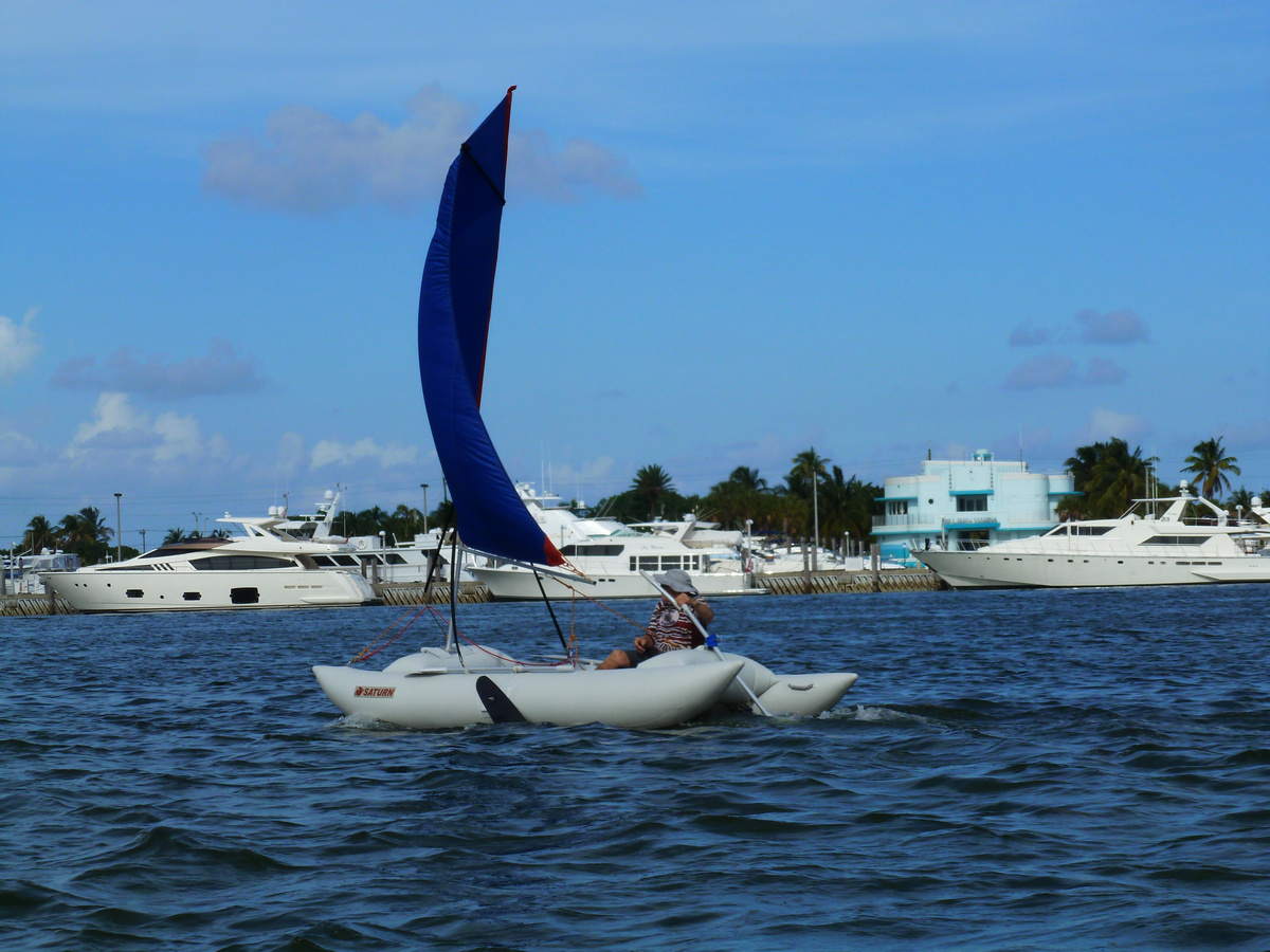 14' Inflatable Sail Catamaran. Portable sail boat in a bag. Frameless
