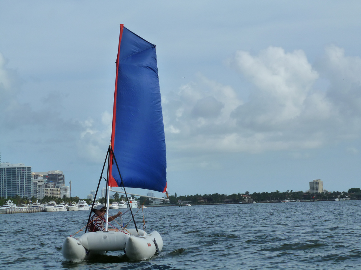 14' Inflatable Sail Catamaran. Portable sail boat in a bag. Frameless