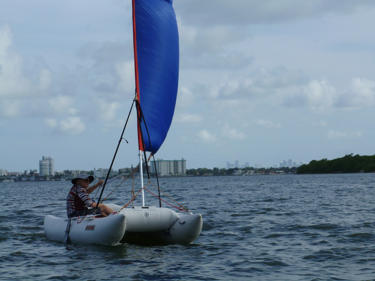 14' Inflatable Sail Catamaran. Portable sail boat in a bag. Frameless