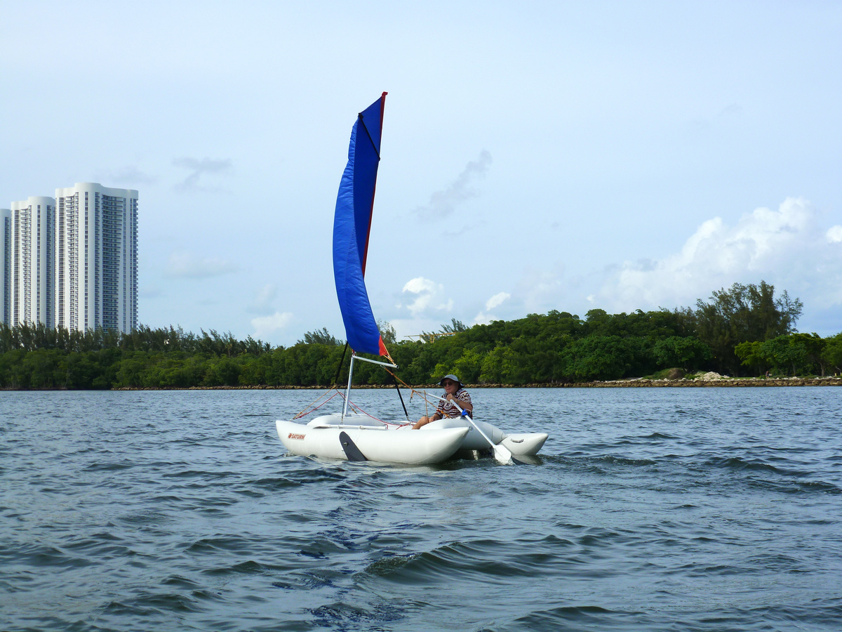 14' Inflatable Sail Catamaran. Portable sail boat in a bag. Frameless