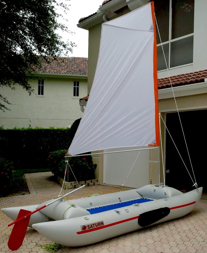 14' Inflatable Sail Catamaran. Portable sail boat in a bag. Frameless