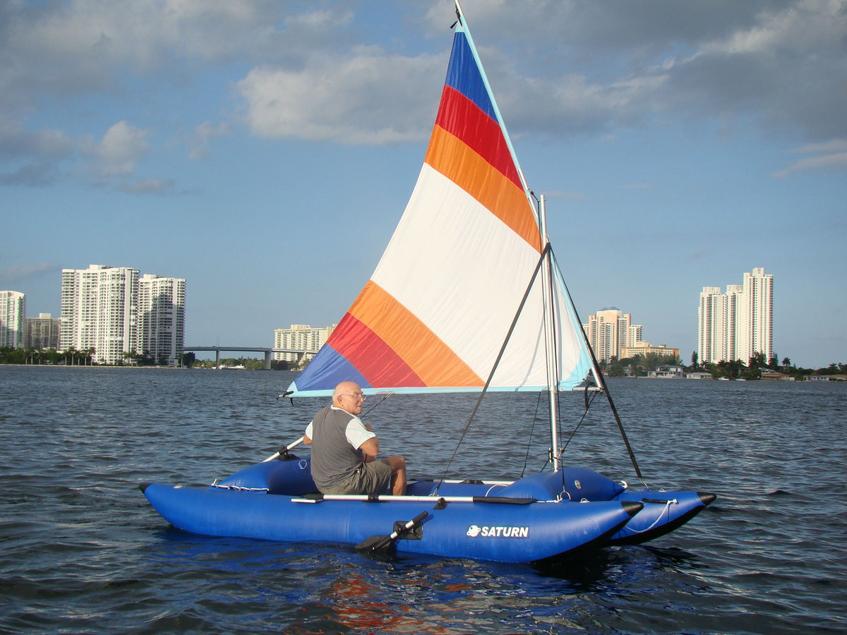 14' Inflatable Sail Catamaran. Portable sail boat in a bag. Frameless 