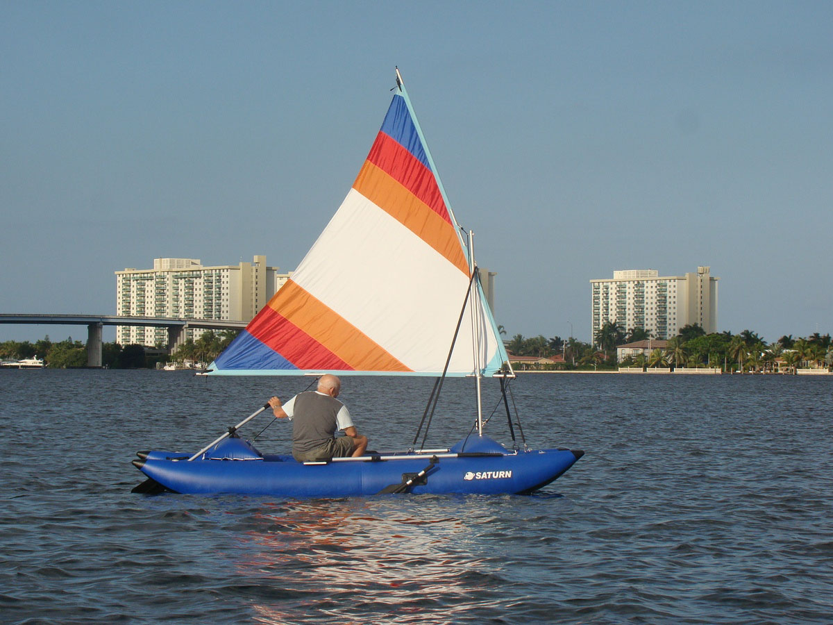 14' Inflatable Sail Catamaran. Portable sail boat in a bag. Frameless