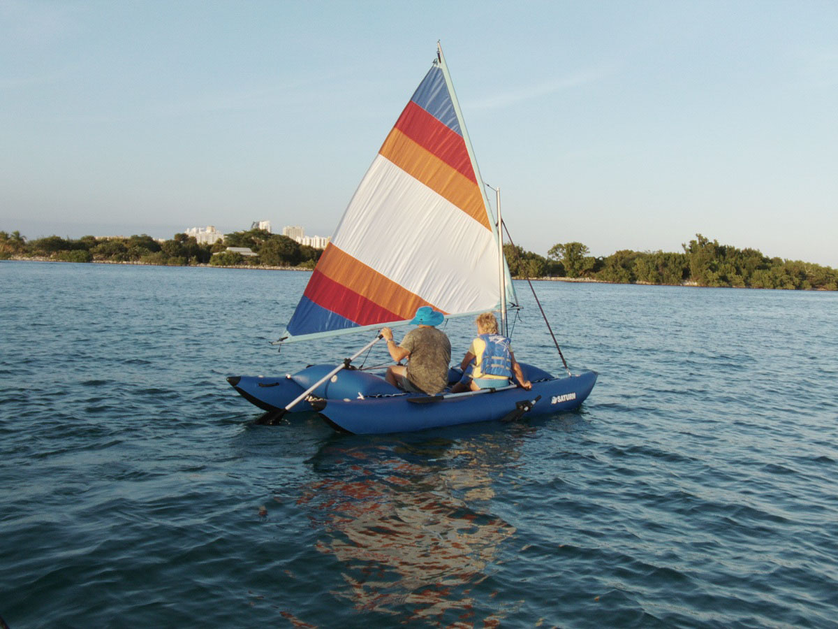 14' Inflatable Sail Catamaran. Portable sail boat in a bag. Frameless 