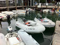 Inflatable dinghy boats parked at Marina