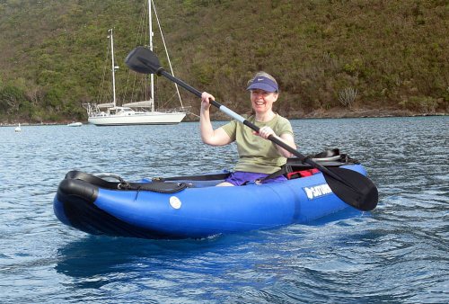 women paddling inflatable kayak