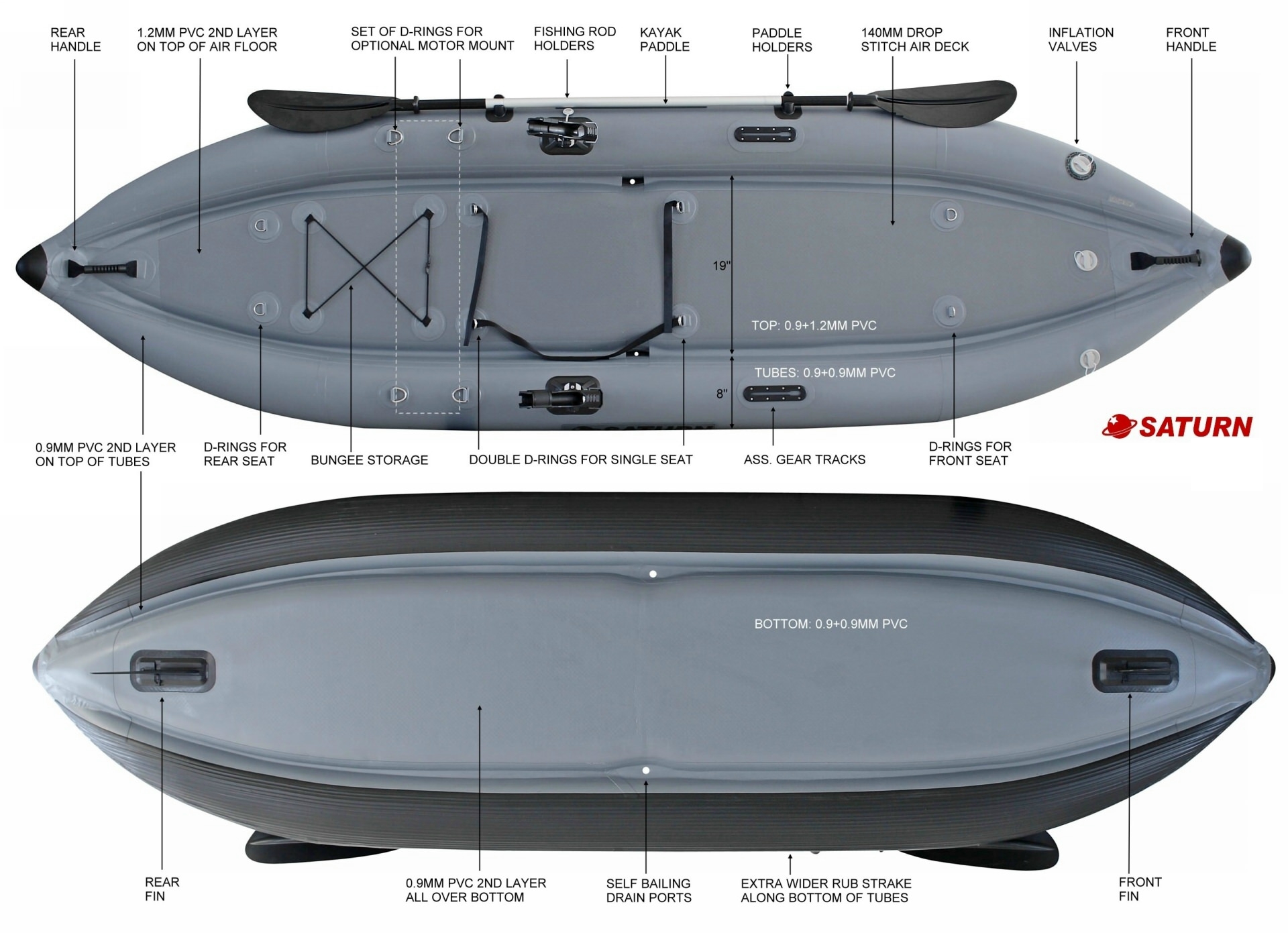 Saturn Extra Heavy-Duty Fishing Inflatable Kayak FIK365 Tech Specs.