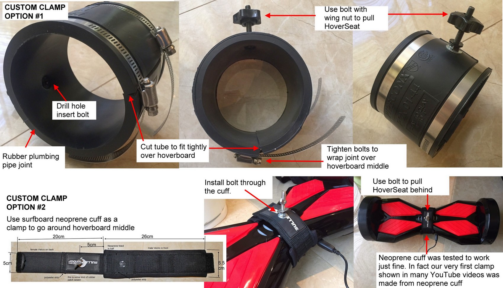 DIY clamps for hoverboards with non-round middle part