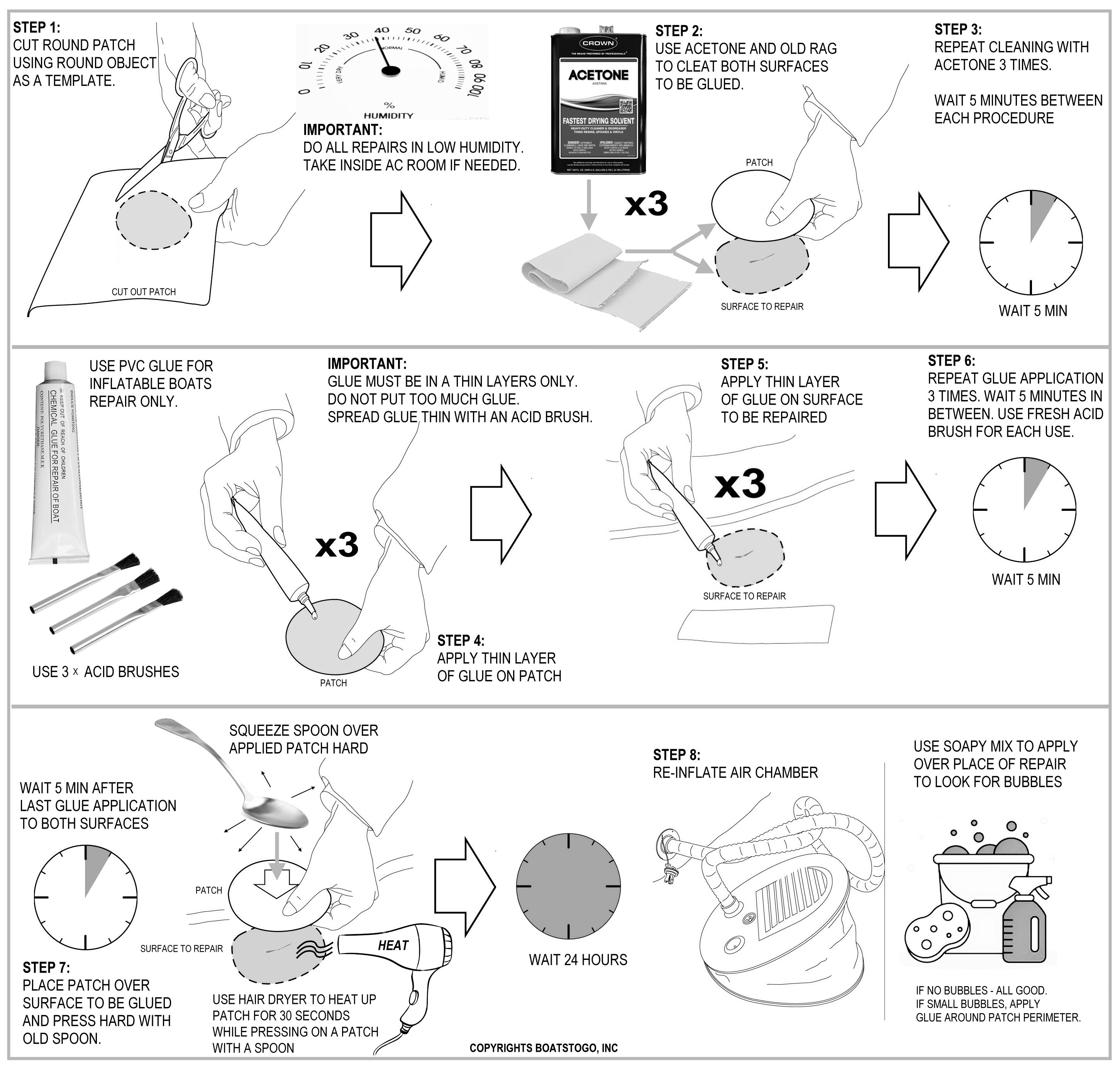 Instructions for repair of inflatable PVC boat with glue and heat