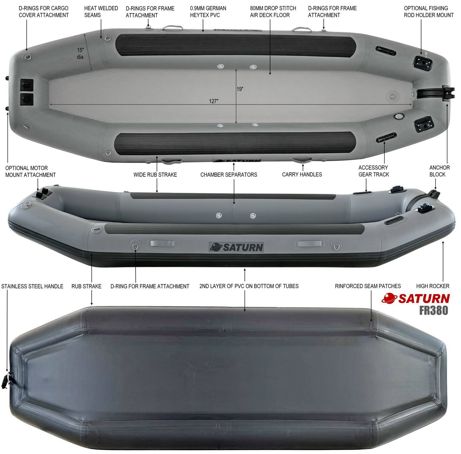 Saturn Inflatable Fly Fishing Raft FR380 V2 Specs.