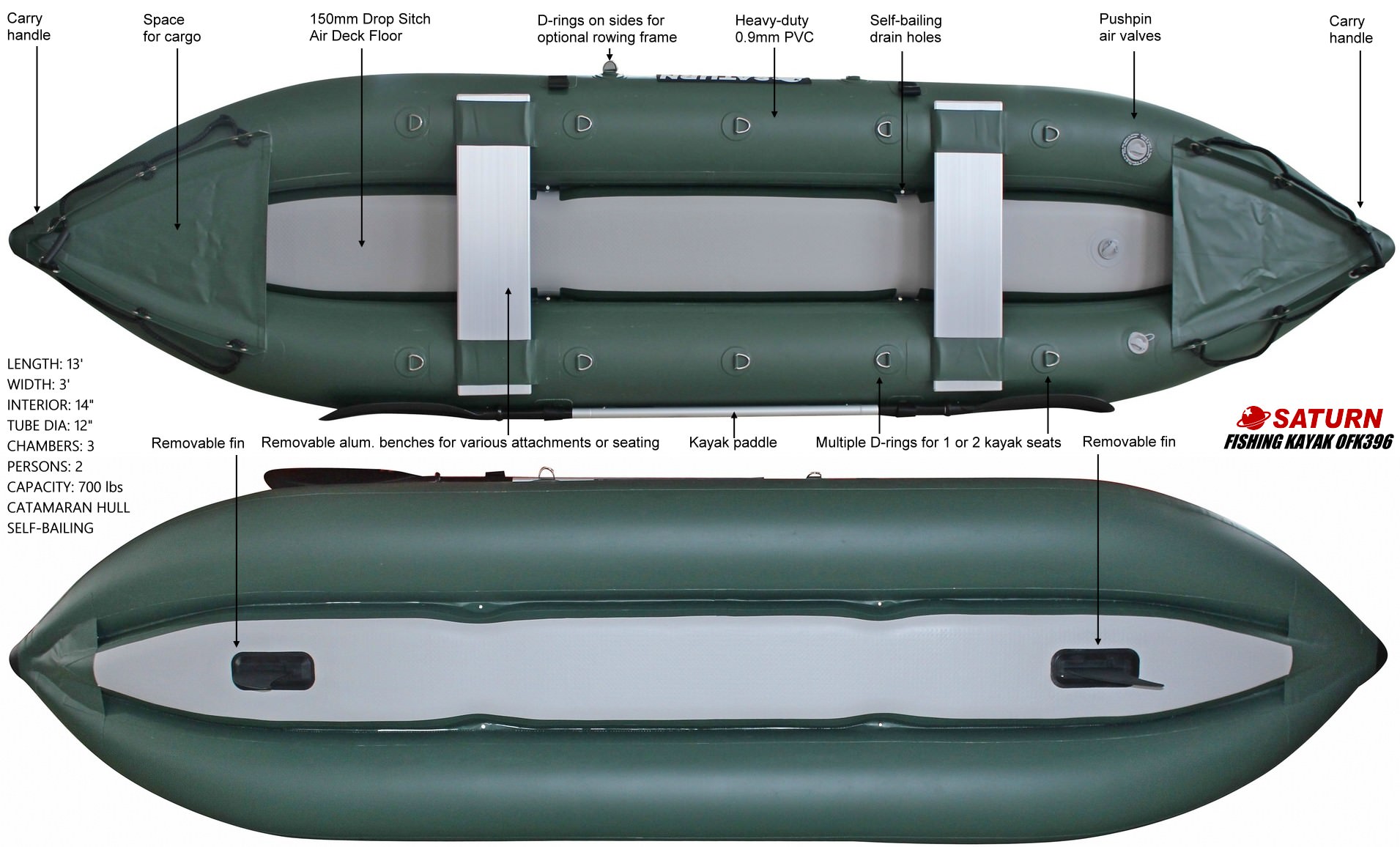 SATURN FISHING INFLATABLE KAYAK OFK396 SPECIFICATIONS