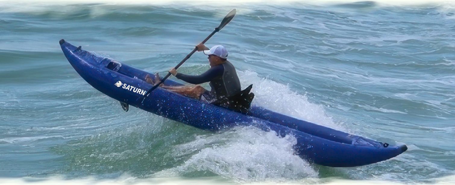 Saturn Inflatable Ocean Kayak OK420 Jumping on Ocean Waves.