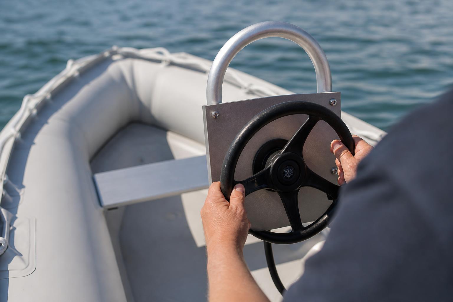 A close-up illustration of hands gripping a boat steering wheel mounted on a console, with a blurred inflatable boat tub