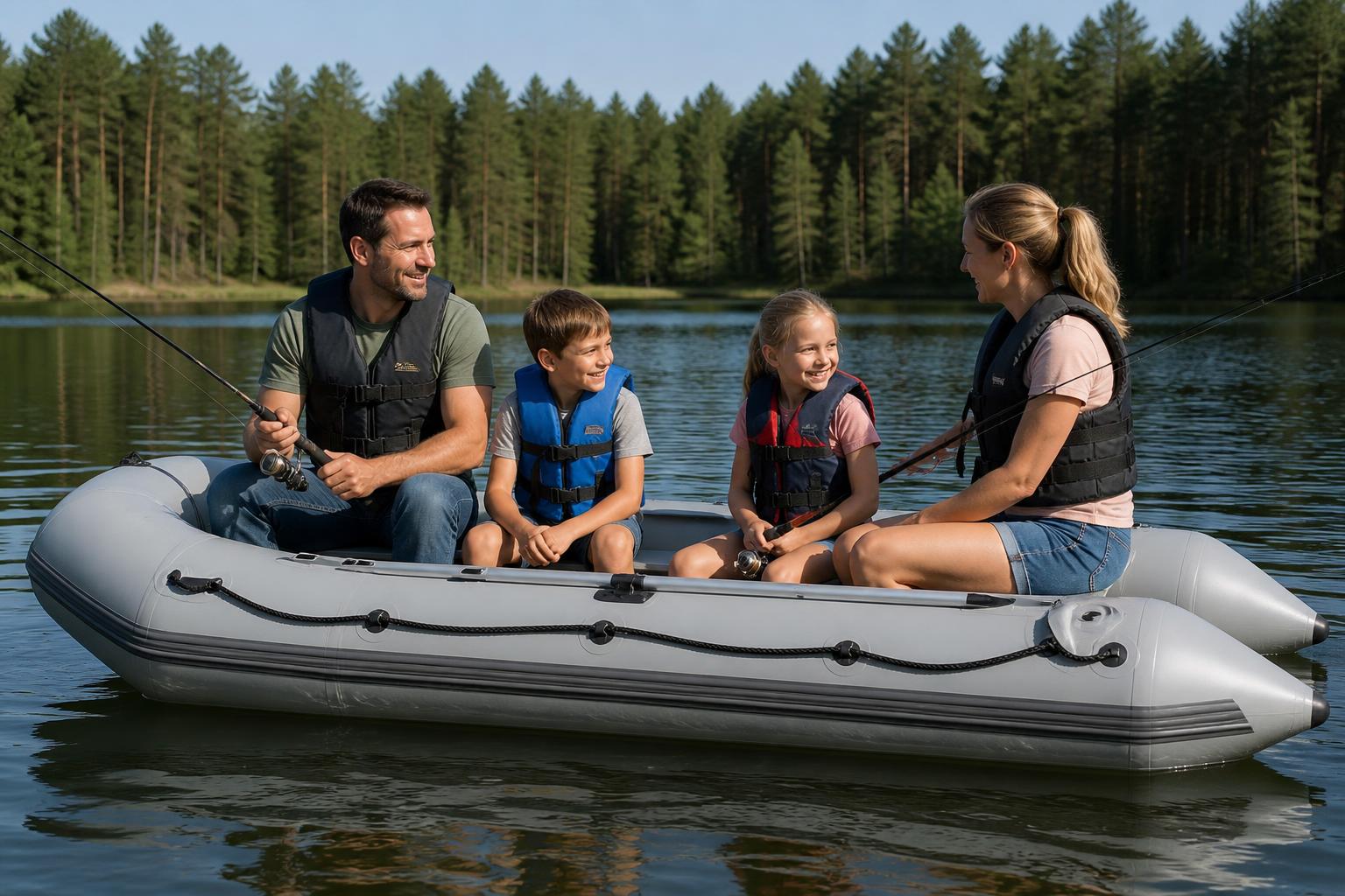 A family of four — two parents and two children in life jackets — relaxing and fishing together aboard a gray inflatable
