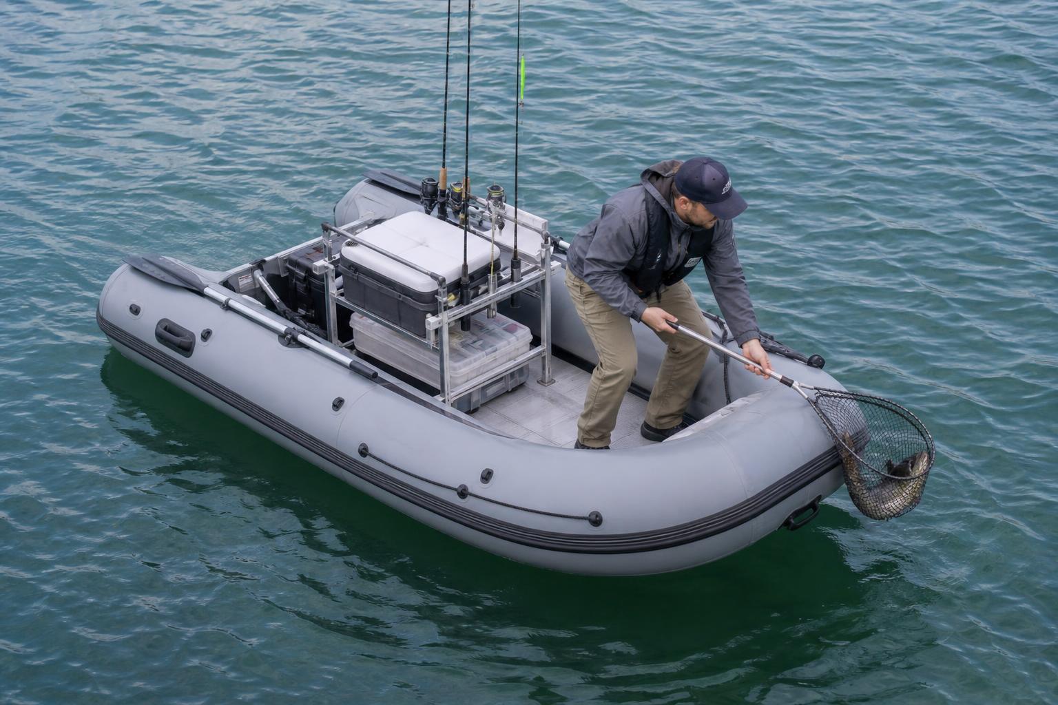 A practical overhead illustration of a compact inflatable boat fishing layout, showing a high-pressure air deck floor, a