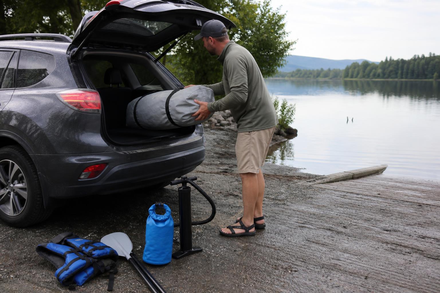 A realistic editorial-style illustration of a boater unloading a compact packed inflatable craft from the rear of an SUV