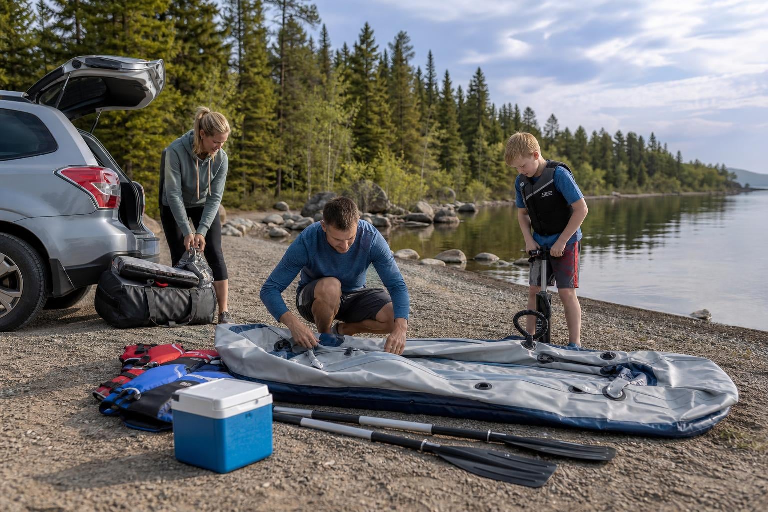 A realistic editorial-style scene at a quiet lakeside launch showing a family preparing a portable inflatable boat besid