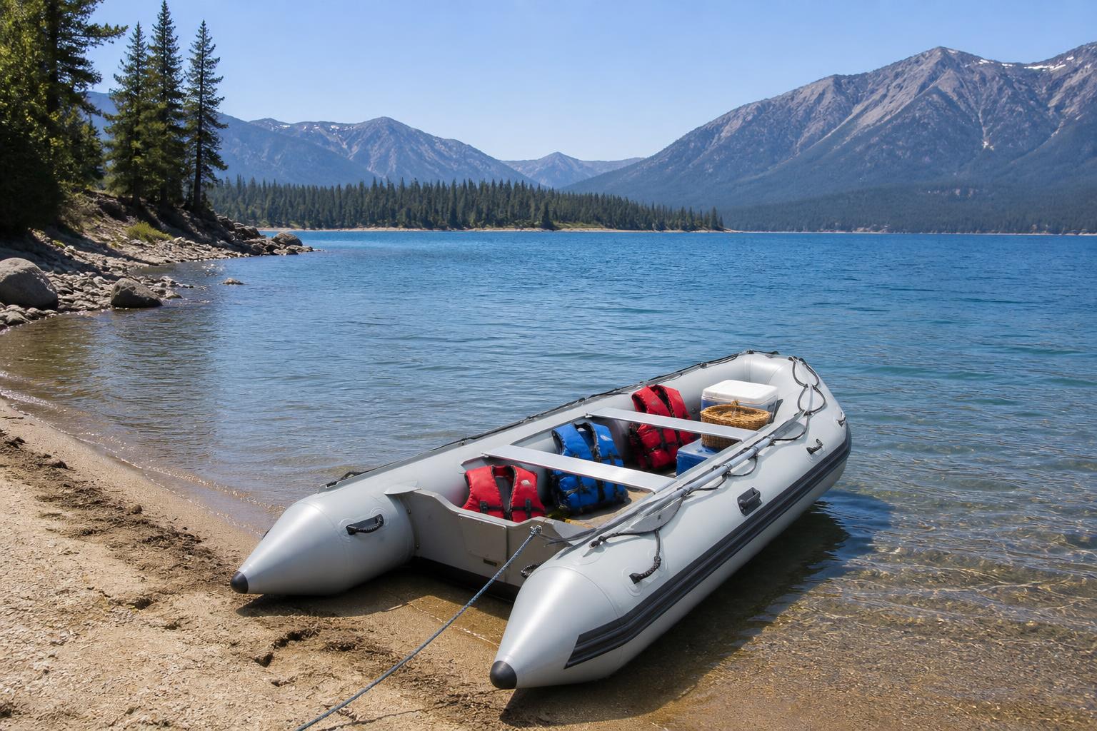 A wide scenic view of an inflatable boat anchored near a sandy shoreline with mountains in the background, life jackets