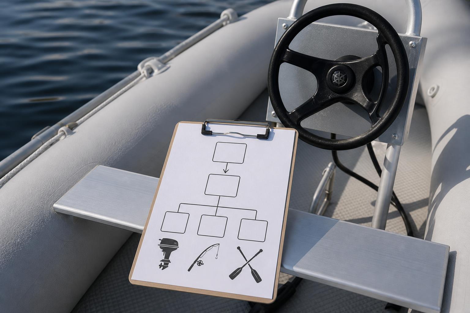 An illustration showing a checklist or decision flowchart on a clipboard resting on a boat seat, with icons representing