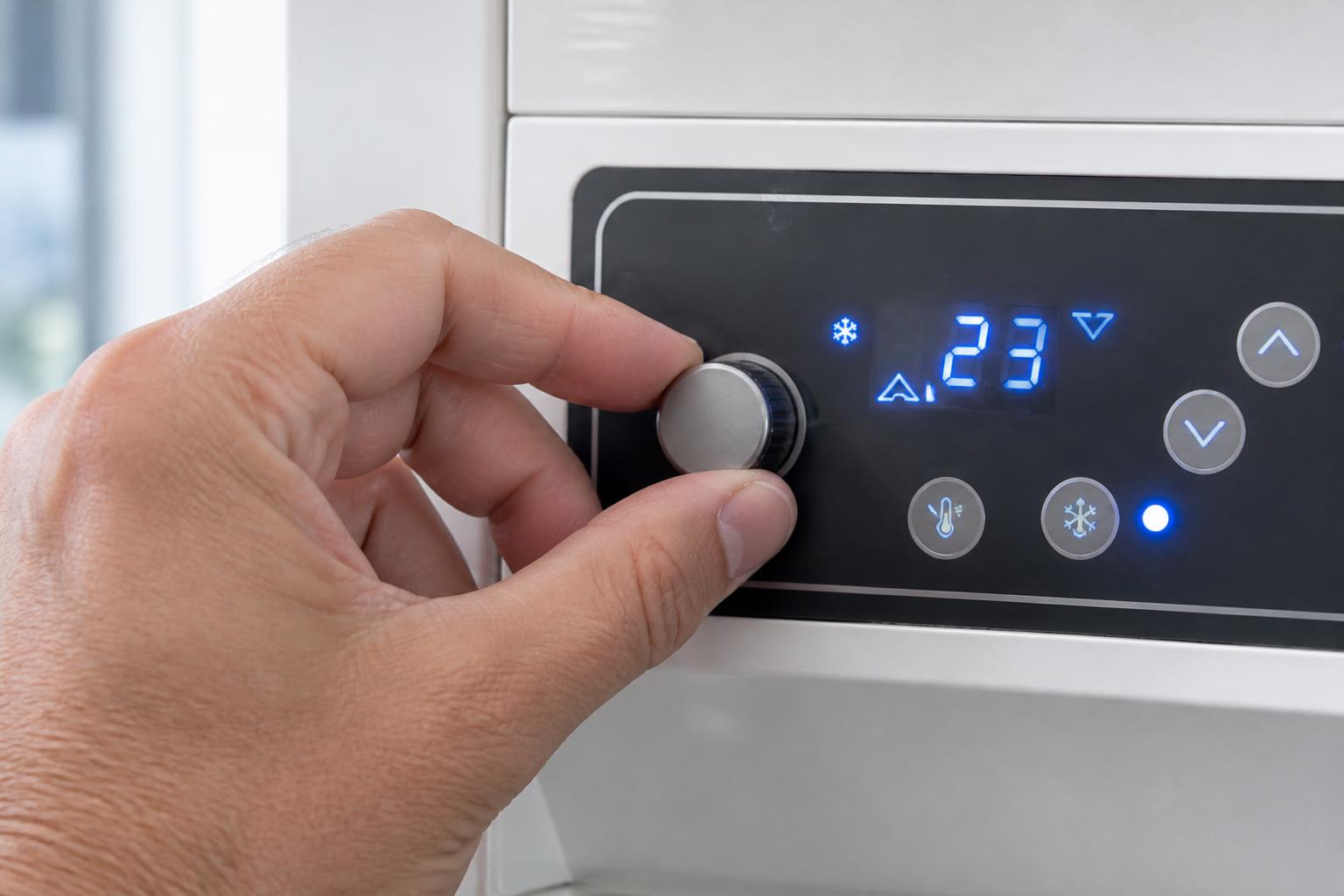 Close-up illustration of a hand adjusting settings on a digital control panel with glowing numeric display, clean modern
