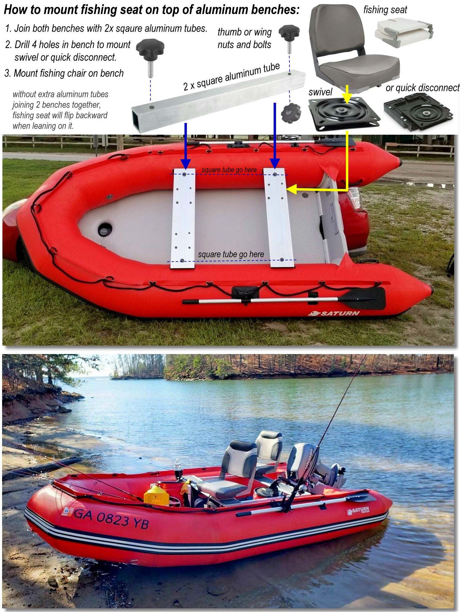 How to mount fishing seat on top of aluminum benches of inflatable boat