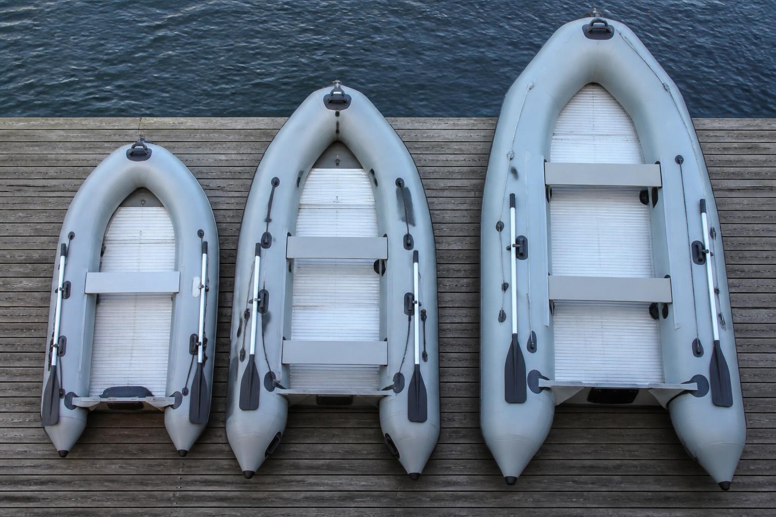 Side-by-side silhouette diagram comparing three inflatable boats of increasing size on a dock, showing relative length a