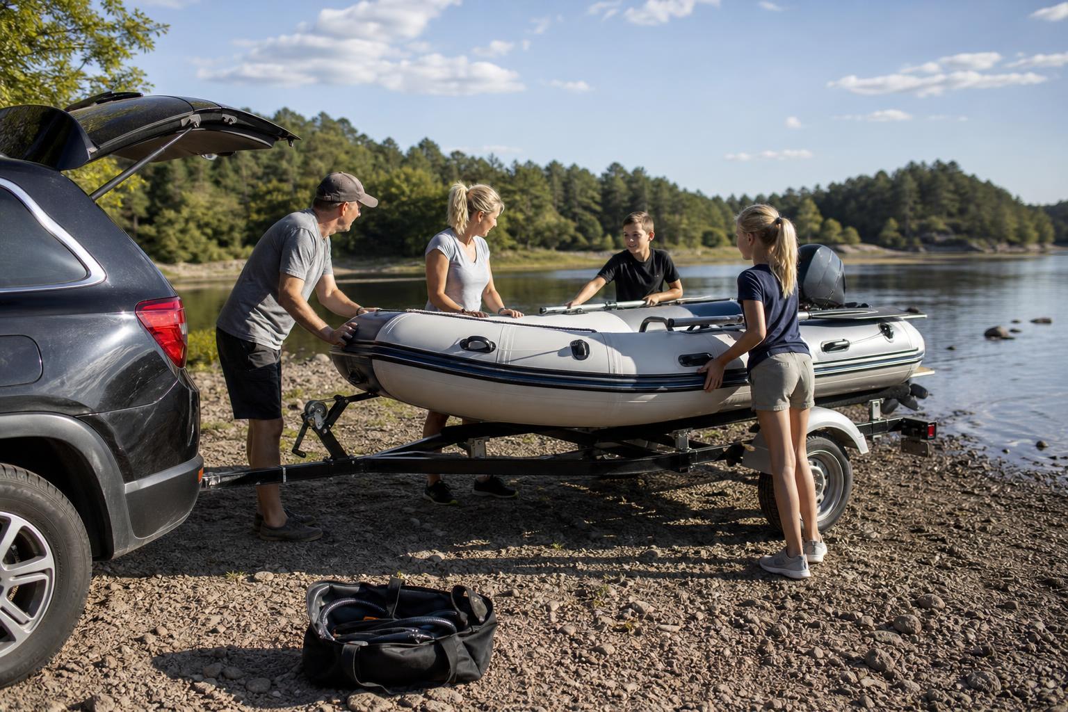 Wide illustration of a family loading a fully inflated boat onto a trailer at a lake, pump and hose packed away in a bag