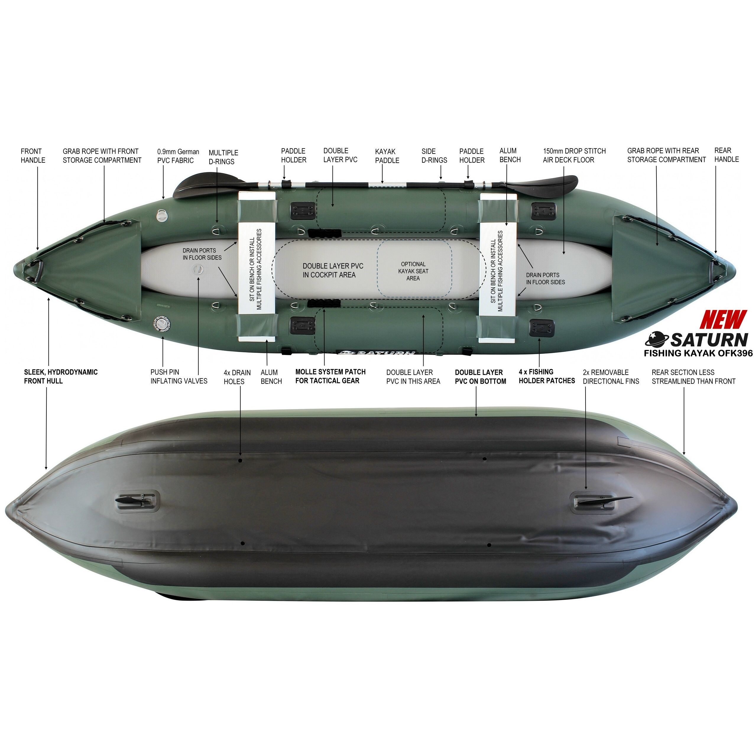 カヤック 13′ Ocean/River Pro-Angler Inflatable Fishing Kayak OFK396 – Swift