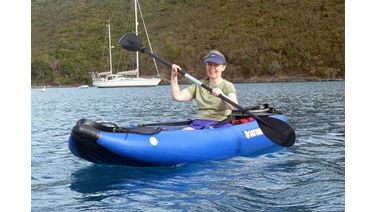 women paddling inflatable kayak