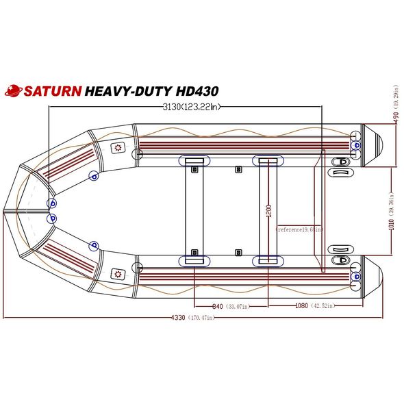 Saturn Inflatable Heavy-Duty Fishing Boat HD430 V2 dimensions