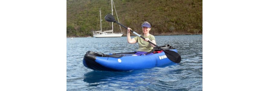 women paddling inflatable kayak